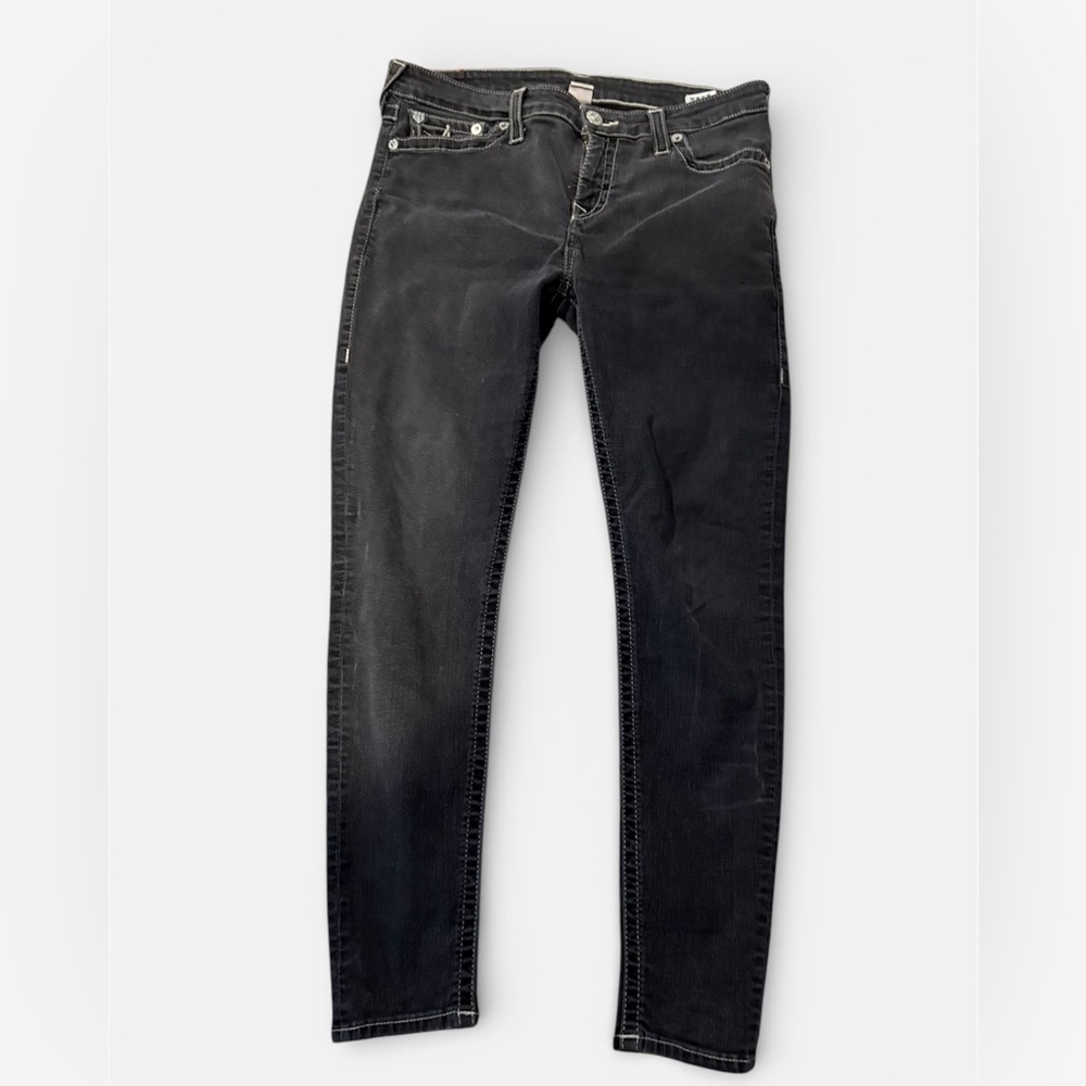 True Religion Skinny Jeans Womens 33 Low Rise Flap Pockets Denim Black